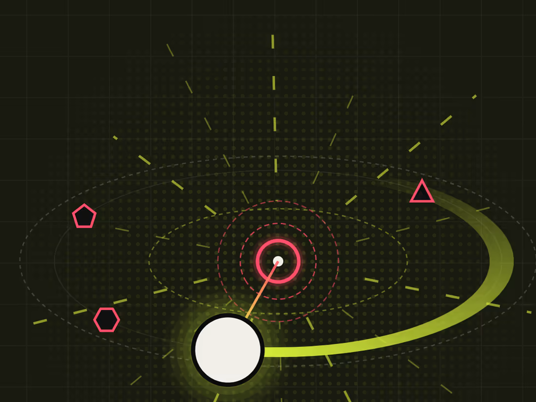 A white disc orbiting a pink target in KINETICKK.
